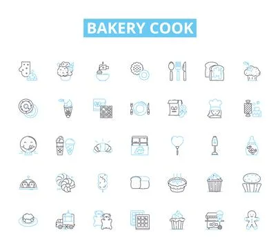Bakery cook linear icons set. Dough, Yeast, Flour, Oven, Whisk, Piping, Mixing Stock Illustration