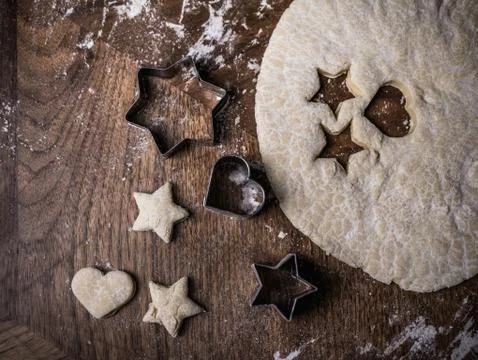 Bakery Cookie dough with cutting mold on kitchen table. 스톡 사진