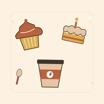 Bakery cupcake selection and coffee cup. Decorative flat vector composition w Stock Illustration