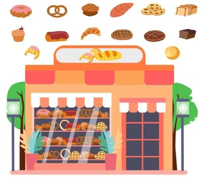 Bakery with different types of buns, vector graphics Stock Illustration