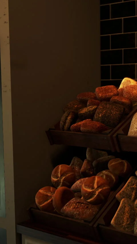 Bakery display filled with various types of bread in a shop 스톡 동영상 338351970