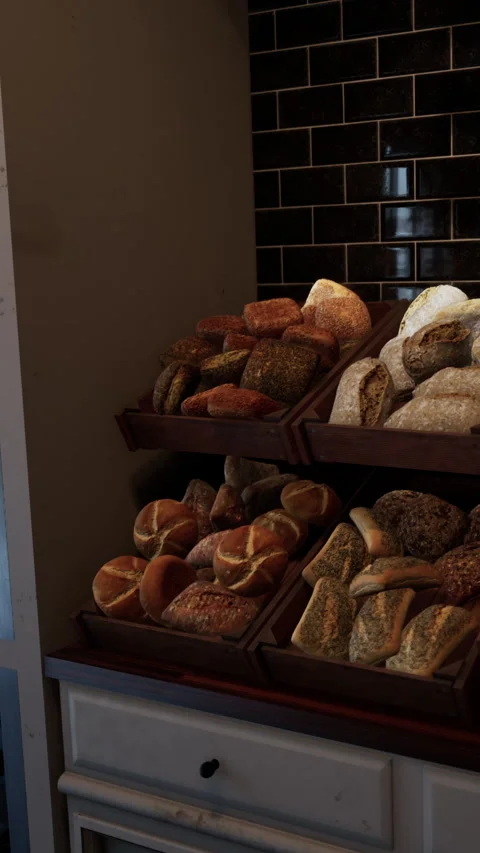 Bakery display filled with various types of bread and rolls for sale Stock Footage 342182662