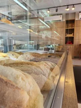 Bakery display with fresh bread Stock Photos