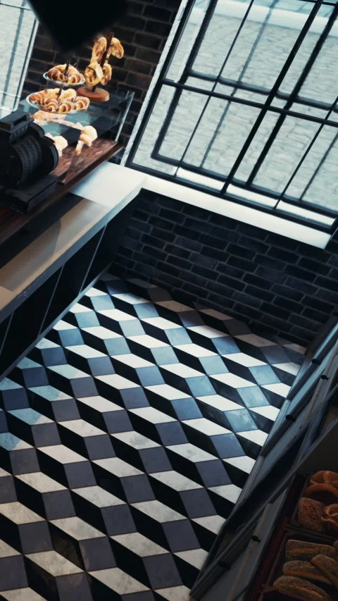 Bakery display with various baked goods and patterned tile floor Stock Footage 338354688