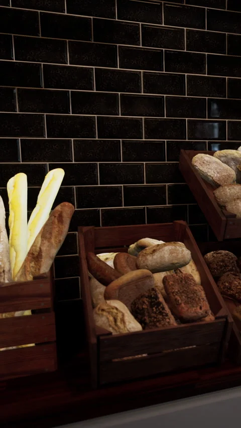 Bakery display with various types of bread and rolls in wooden boxes Stock Footage 340631070