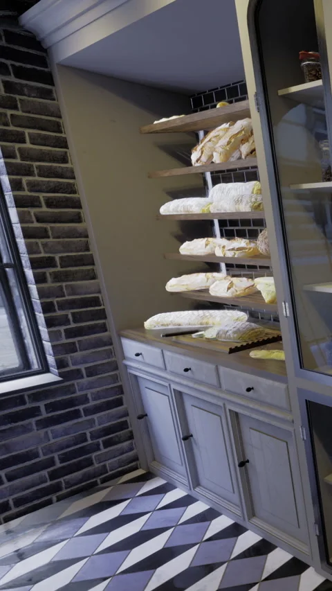 Bakery display with various types of bread and pastries on shelves in a kitchen Stock Footage 342441579
