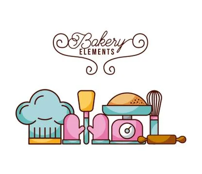 Bakery elements scale rolling whisk hat spatula glove Illustrazione stock