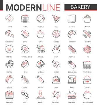Bakery flat thin red black line icon vector illustration set, sweet food dessert Stock Illustration