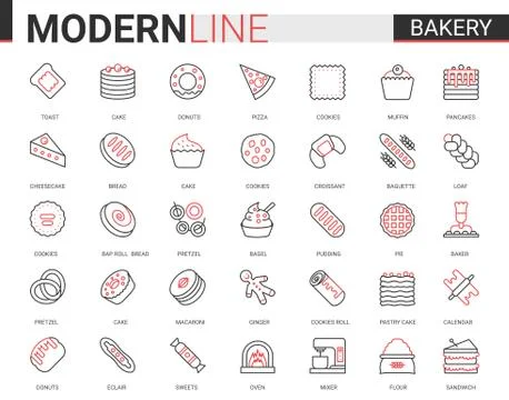 Bakery flat thin red black line icon vector illustration set, sweet food dessert イラスト素材