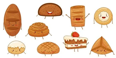 Bakery food cartoon characters set. Cute tasty bakery pastries with funny Stock Illustration
