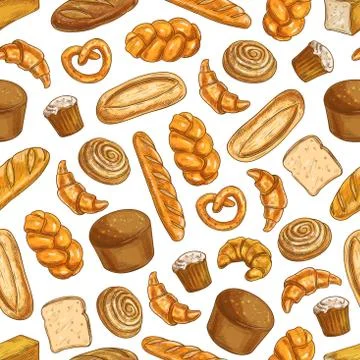 Bakery fresh baked bread seamless sketch pattern 스톡 일러스트