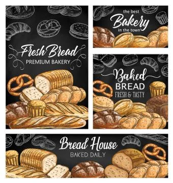 Bakery fresh bread sketch vector banners Stock Illustration