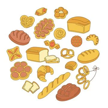 Bakery goods located circle cartoon doodle vector Stock Illustration