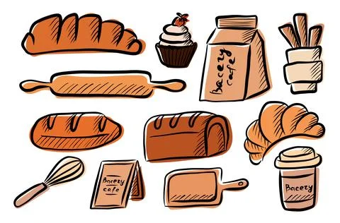 Bakery hand drawn color set with bread and pastry items Illustrazione stock