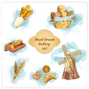 Bakery hand drawn decorative elements set Illustrazione stock
