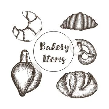 Bakery with hand drawn items. Sketched vector objects Stock Illustration