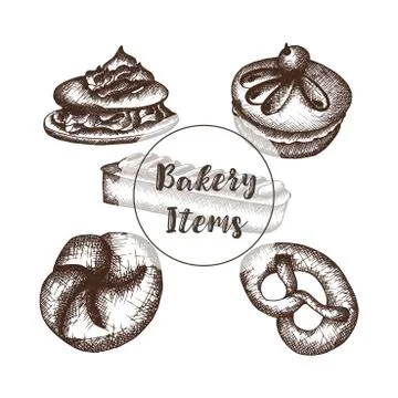 Bakery with hand drawn items. Sketched vector objects Stock Illustration