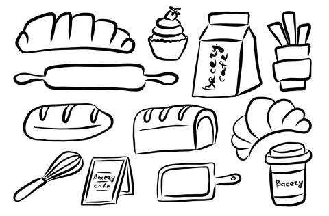 Bakery hand drawn set with bread and coffee elements Stock Illustration
