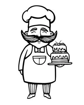 Bakery. Hand drawn vector illustration of chef-cooker with a mustache and cak Stock Illustration