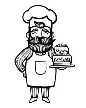 Bakery. Hand drawn vector illustration of chef-cooker with a mustache and cak Stock Illustration