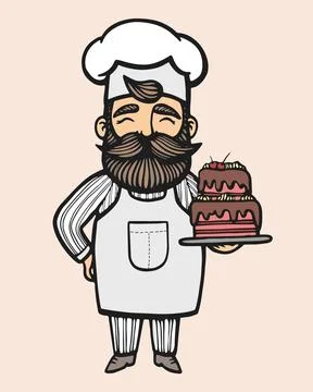 Bakery. Hand drawn vector illustration of chef-cooker with a mustache and cak Stock Illustration