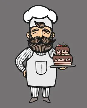 Bakery. Hand drawn vector illustration of chef-cooker with a mustache and cak Stock Illustration