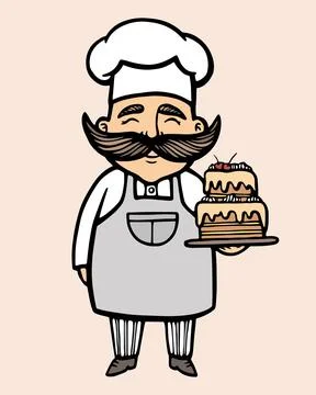 Bakery. Hand drawn vector illustration of chef-cooker with a mustache and cak Stock Illustration