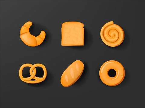 Bakery icon set in realistic 3d design. bread, donnut or cookie. Stock Illustration