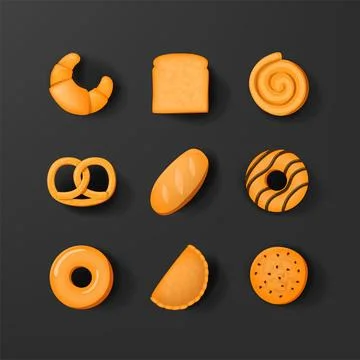 Bakery icon set in realistic 3d design. bread, donnut or cookie. Stock Illustration