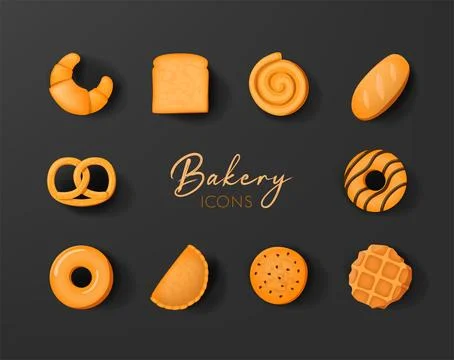 Bakery icon set in realistic 3d design. bread, donnut or cookie. Stock Illustration