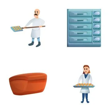 Bakery icons set cartoon vector. Two baker make bread and bun Stock Illustration