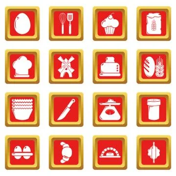 Bakery icons set red square Stockillustratie
