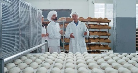 Bakery industry factory old engineer and three bakers have a meeting in the Video stock 123005705