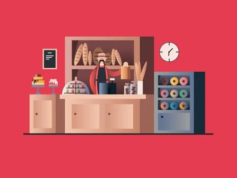 Bakery interior with seller Stock Illustration