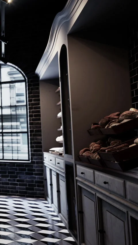 Bakery interior with shelves of bread and a large window in the background Stock Footage 340646170