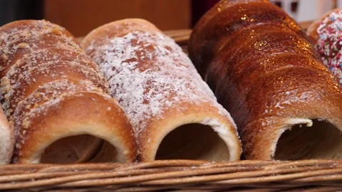 Bakery items layout showcase on a pedestrian touristic street closeup Stock Footage 296818191