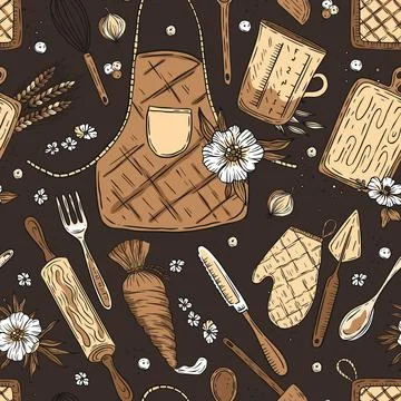 Bakery kitchen utensils baking seamless pattern vector Stock Illustration