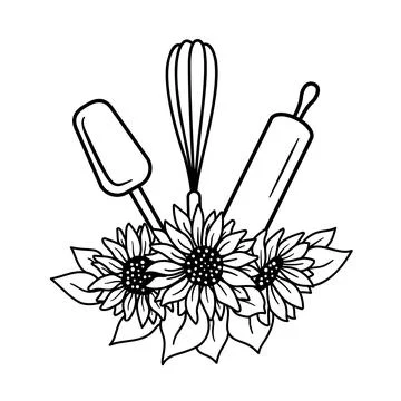 Bakery Label Design. Kitchen tools with sunflowers. Vector illustration - logo Stock Illustration