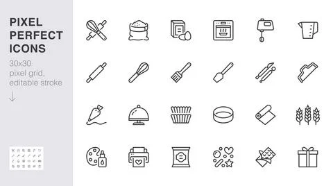 Bakery line icon set. Baking tool - confectionery bag, dough roll, cake Stock Illustration