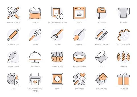 Bakery line icon set. Baking tool - confectionery bag, dough roll, cake Stock Illustration