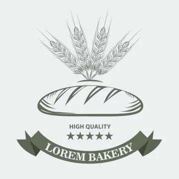 Bakery logo with fresh bread, wheat, ribbon and stars. Sketch line art style Stock Illustration