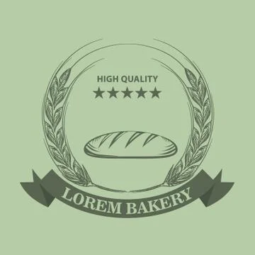 Bakery logo with fresh bread, wheat, ribbon and stars. Sketch line art style Illustrazione stock