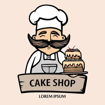 Bakery logo. Hand drawn vector illustration of chef-cooker with a mustache an Stock Illustration