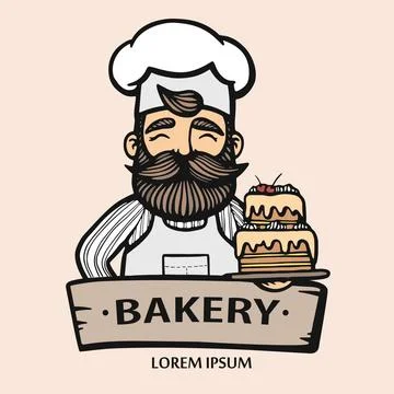 Bakery logo. Hand drawn vector illustration of chef-cooker with a mustache, b Stock Illustration