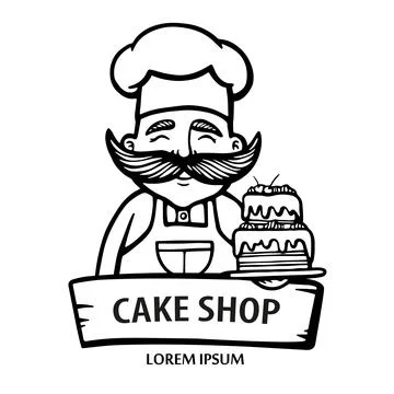 Bakery logo. Hand drawn vector illustration of chef-cooker with a mustache an Stock Illustration