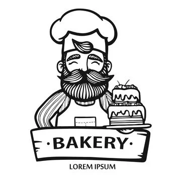 Bakery logo. Hand drawn vector illustration of chef-cooker with a mustache, b Stock Illustration
