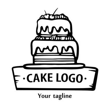 Bakery logo. Hand drawn vector illustration of cake. Cake line emblem Stock Illustration