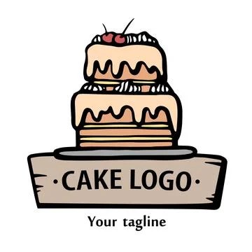 Bakery logo. Hand drawn vector illustration of cake. Cake line emblem Stock Illustration