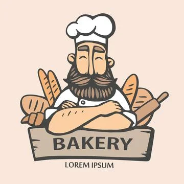 Bakery logo. Hand drawn vector illustration of chief-cooker with a mustache a Stock Illustration