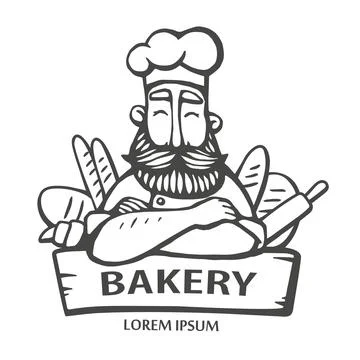 Bakery logo. Hand drawn vector illustration of chief-cooker with a mustache a Stock Illustration